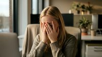 Young blonde woman covering face with hands showing stress and emotional exhaustion in modern living room interior for mental health concepts.
