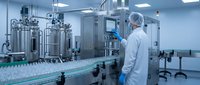 Pharmaceutical technician in sterile cleanroom monitoring automated production line with stainless steel equipment and glass vials for drug manufacturing.