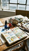 Artist workspace with watercolor supplies, sketchbook, vintage clock, and brushes on wooden table by industrial windows.