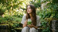 Young woman with long dark hair and olive complexion sitting outdoors in lush green garden, holding glass of fresh green juice or smoothie, wellness and healthy lifestyle concept.