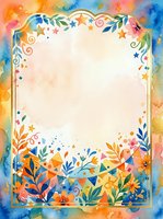 Colorful watercolor frame with golden border, stars, and botanical elements on vibrant rainbow background. Isolated design ready for invitations, greeting cards, posters, and creative projects.