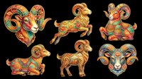 Colorful zodiac ram, goat, and sheep animal symbols with ornate decorative patterns, isolated on transparent background for t-shirt design, clipart, stickers, and print-on-demand products.