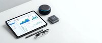 Modern business workspace with tablet displaying analytics dashboard, smart speaker, wireless charger and glasses on white desk for productivity.
