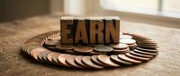 Wooden block letters spelling earn surrounded by stacked coins on wooden surface, representing income growth and financial success for business and investment concepts.