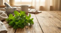 Fresh mint leaves on rustic wooden table with mortar pestle and tea cup in warm sunlight for culinary herbs cooking and natural remedies preparation.