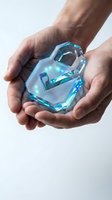 Close-up of male hands holding a translucent blue crystal padlock with glowing light effects against white background. Security concept.