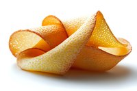 Fresh orange peel spiral with textured zest and natural citrus pattern isolated on white background, showing detailed rind structure and vibrant color.
