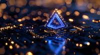 Glowing blue triangle microchip with bokeh lights on dark background creates futuristic technology atmosphere. Abstract circuit board macro photography.