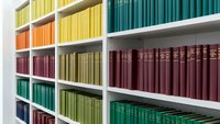 Colorful book collection arranged on white library shelves with volumes in yellow, orange, red, green, blue and burgundy creating organized rainbow pattern.