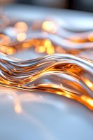 Abstract flowing liquid metal waves with golden light reflections and smooth curves creating dynamic movement against soft blurred background.
