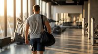 Athletic man walking through modern gym corridor carrying sports bag during golden hour workout session.