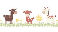 Cute farm animals standing in grass with flowers. Cartoon style donkey, cow and giraffe characters isolated on white background for children designs.