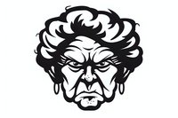 Angry elderly woman face with curly hair and earrings, black and white portrait silhouette on isolated background for logo, mascot or character design.