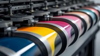 Colorful printing press rollers in vibrant yellow, pink, blue and orange hues shown in close-up macro view. Industrial printing equipment detail for commercial production.
