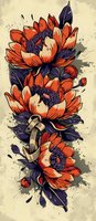 Artistic orange water lilies with navy blue leaves and horseshoe element in vintage tattoo style against textured beige background. Decorative floral composition.