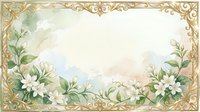 Watercolor floral frame with white flowers, green leaves, and golden ornate border on soft pastel background, perfect for wedding invitations and cards.