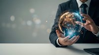Businessman in suit holding glowing digital brain with neural network connections representing artificial intelligence and machine learning technology.