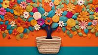 Colorful paper art tree in woven basket with vibrant flowers, leaves and circular elements on orange and teal background. Creative handmade craft design for wall decor.