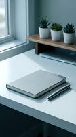 Minimalist workspace with notebooks, pen and succulent plants on white desk near window for productivity and organization.