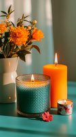 Cozy home atmosphere with burning aromatic candles and orange chrysanthemums in white vase on turquoise background. Soft evening lighting creates warm ambiance.