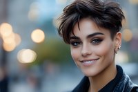 Young woman with short dark pixie haircut and natural makeup smiling confidently at camera against soft bokeh background, expressing joy and authenticity.