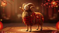Festive ram with curved horns wearing red decorative blanket in warm golden lighting for Chinese New Year celebrations and holiday greeting cards.