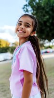 Young South Asian girl with long dark hair wearing pink medical scrubs smiles brightly outdoors on sunny day, representing future healthcare aspirations and youth ambition.