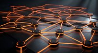 Abstract network connection concept with glowing orange lines linking nodes on dark surface for technology and communication designs.