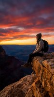 Hiker in beanie and backpack sits on rocky cliff edge overlooking vast canyon landscape during dramatic golden sunset with vibrant orange and purple sky, perfect for travel and adventure themes.
