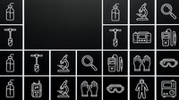 Laboratory equipment and safety icons set with microscope, gloves, goggles, fire extinguisher and scientific tools on black background for medical research.