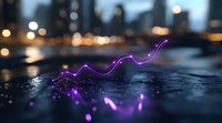 Glowing purple light trail floating over wet surface with bokeh city lights in background, creating magical atmospheric night scene with reflection and sparkles.