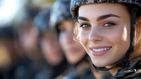 Young female soldier in military helmet smiling at camera with fellow service members in background, representing strength, duty and pride in armed forces service.