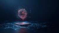Futuristic digital processor with glowing red holographic sphere emerging from microchip surface against dark background, representing quantum computing technology.