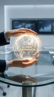 Businessman holding glowing globe with global expansion text and growth chart, representing international business development, market growth, and worldwide commerce strategy.