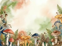Watercolor illustration of various mushrooms and toadstools with ferns and botanical elements arranged along bottom border, featuring red, yellow, and brown fungi on cream background for nature designs.