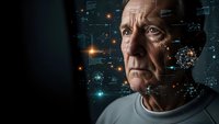Elderly Caucasian man with futuristic digital technology overlay and glowing neural network connections in cyberpunk style for sci-fi concepts.