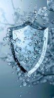 Dynamic shield-shaped protection symbol surrounded by water drops and bubbles, perfect for security, defense, or health protection concepts in blue tones.