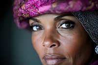 Close up portrait of African American woman wearing pink floral hat with veil, dramatic side lighting highlighting facial features and expressive eyes.