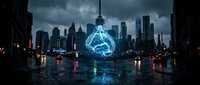 Giant glowing lightbulb hologram illuminates wet city street at night with modern skyscrapers and dramatic storm clouds creating futuristic urban innovation concept.