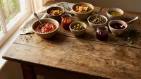 Rustic wooden table with various bowls containing colorful spices, herbs, nuts and ingredients arranged for cooking preparation in warm natural light.