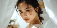 Young Asian woman with natural makeup and soft lighting in bright interior space for beauty and lifestyle content.