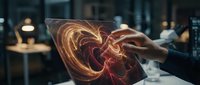 Businessman holding transparent tablet displaying glowing energy swirls in modern office environment for technology presentations and digital innovation concepts.