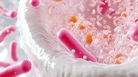 Microscopic view of pink and orange bacteria cells floating in liquid with detailed cellular structures and organic matter for medical or scientific backgrounds.