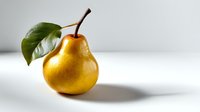 Fresh ripe yellow pear with green leaf on white background, casting soft shadow. Clean minimalist food photography for healthy eating concepts.