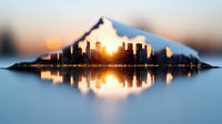 Mountain silhouette reveals urban cityscape with skyscrapers reflected in calm water at sunset, double exposure effect creates dreamy mirror landscape view.
