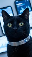 Black cat with yellow eyes wearing smart collar sits near smartphones displaying blue screens in modern tech environment for pet technology concepts.