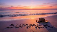 Summer written in sand on a tropical beach at sunset with a straw hat, warm golden light, colorful sky, ocean waves in background.