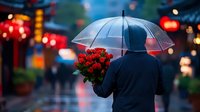 Person holding transparent umbrella and red rose bouquet walking in rain on evening city street with blurred bokeh lights and romantic atmosphere.