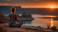 Woman meditating in lotus pose on cliff overlooking ocean at golden sunset. Peaceful yoga practice with scenic coastal landscape and warm evening light.