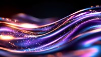 Glowing wavy lines with sparkles in purple, blue and orange colors flow across dark background creating magical abstract light effect pattern.